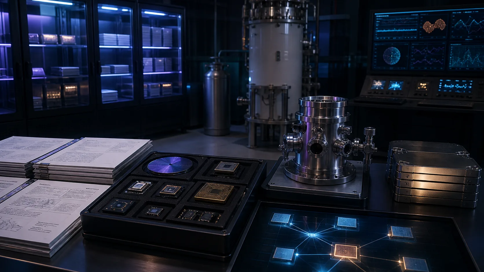 Concept visualization of a curated research archive of peer-reviewed papers, cryostat datasheets, chip samples, and a traceable source ledger, illustrating A12.2 Class 2, secondary commercial (ROM cost anchors only).
