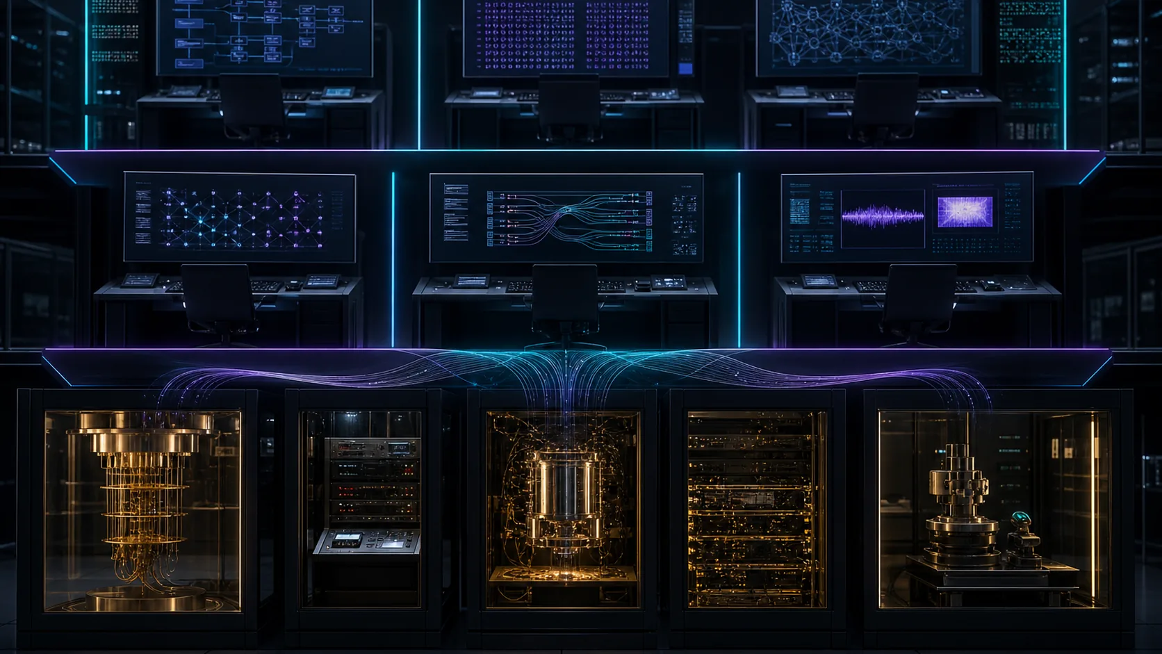 Concept visualization of a layered quantum software and control stack represented by linked compiler, scheduler, calibration, runtime, decoder, and hardware workstations, illustrating B. Logical architecture, software, and proof plan.