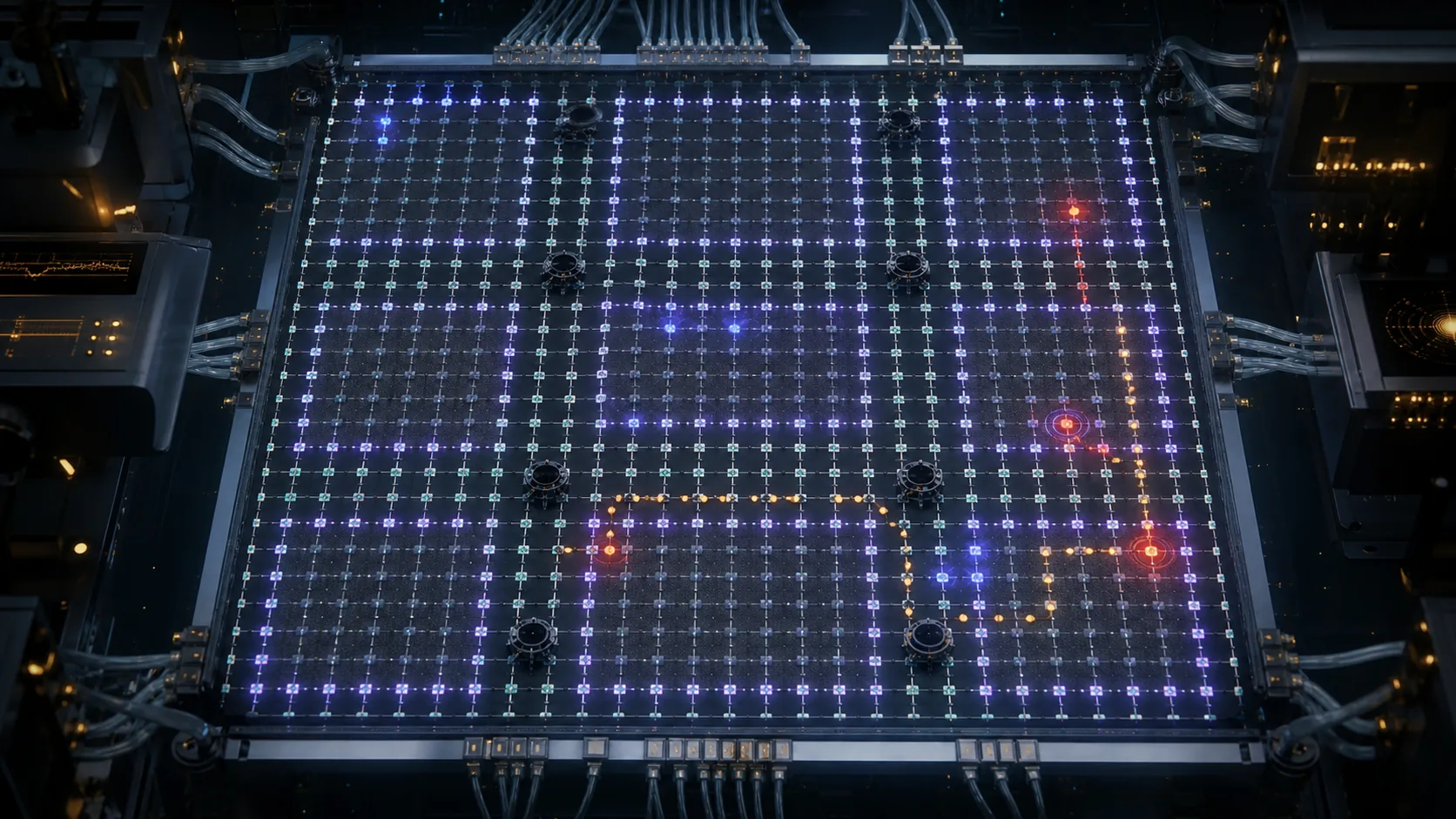 Concept visualization of a top-down superconducting-qubit lattice with surface-code patches, syndrome ancillas, logical boundaries, defect routes, and error-correction activity, illustrating B1. Physical error model and error budget.
