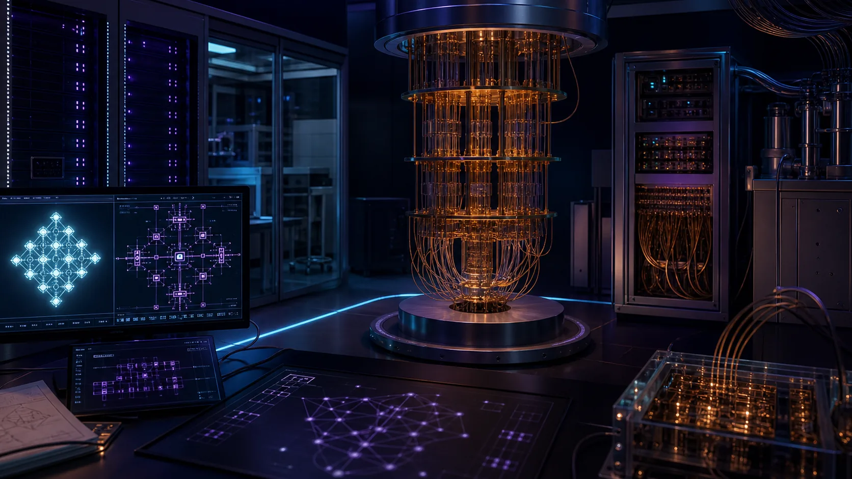 Concept visualization of a fault-tolerant quantum-computer engineering laboratory focused on b1.2 hardware to logical-layer interface, illustrating B1.2 Hardware to logical-layer interface.