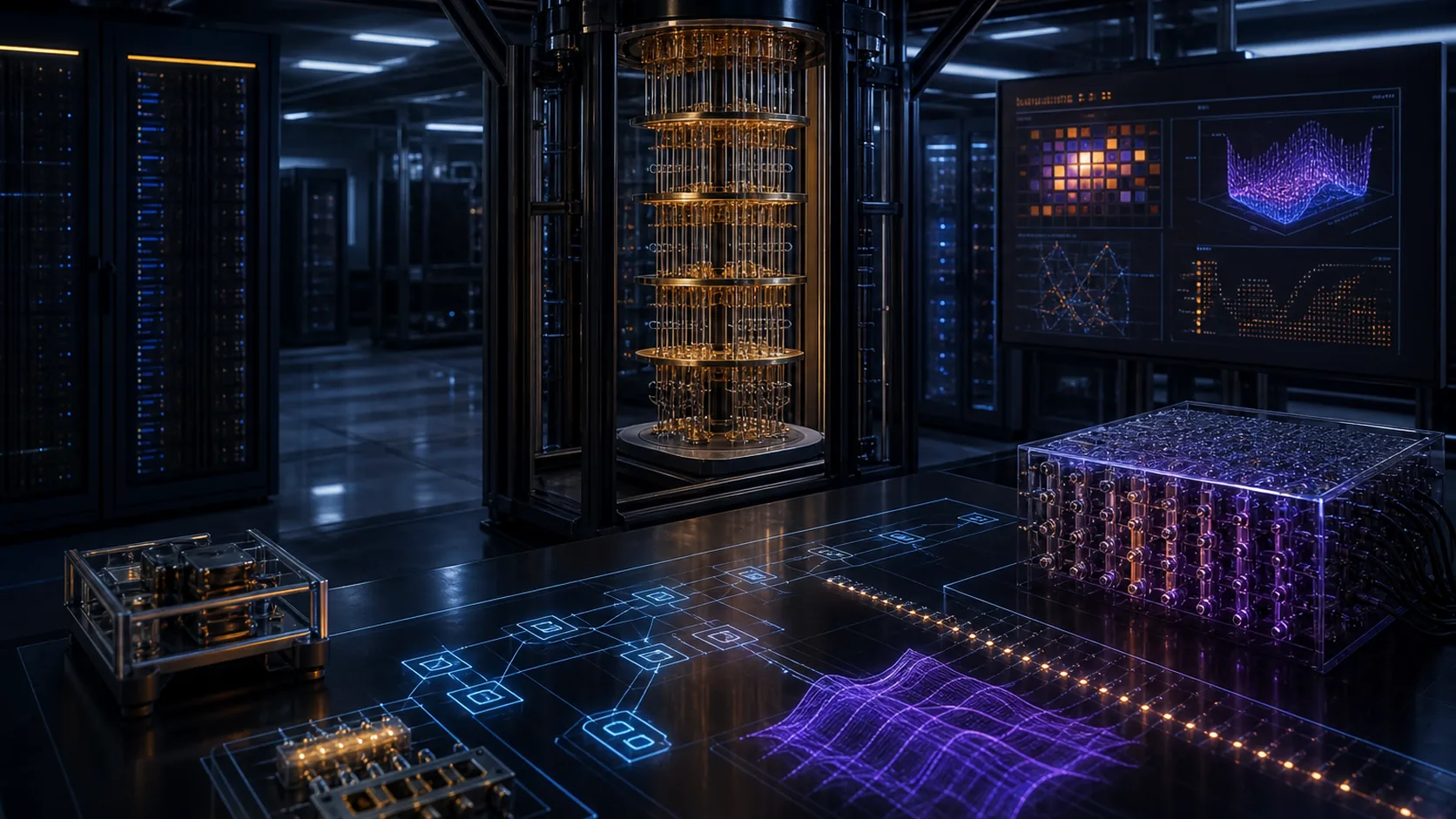 Concept visualization of a fault-tolerant quantum-computer engineering laboratory focused on b1.3 end-to-end failure allocation, illustrating B1.3 End-to-end failure allocation.