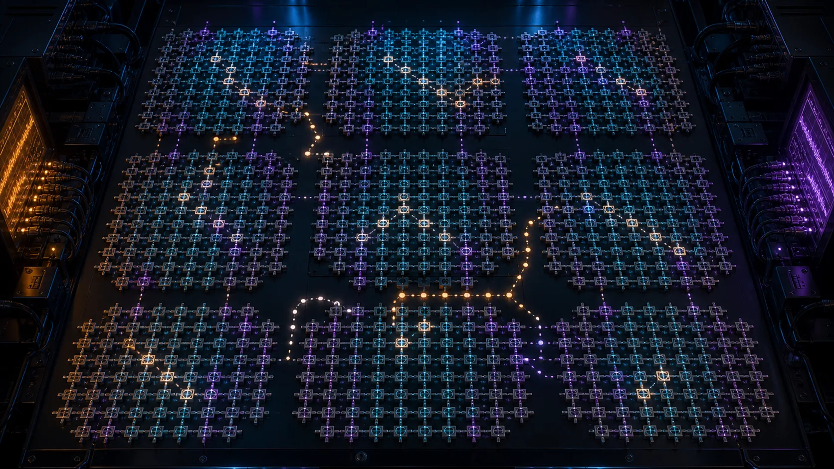 Concept visualization of a top-down superconducting-qubit lattice with surface-code patches, syndrome ancillas, logical boundaries, defect routes, and error-correction activity, illustrating B1.4 Distance selection and overhead.