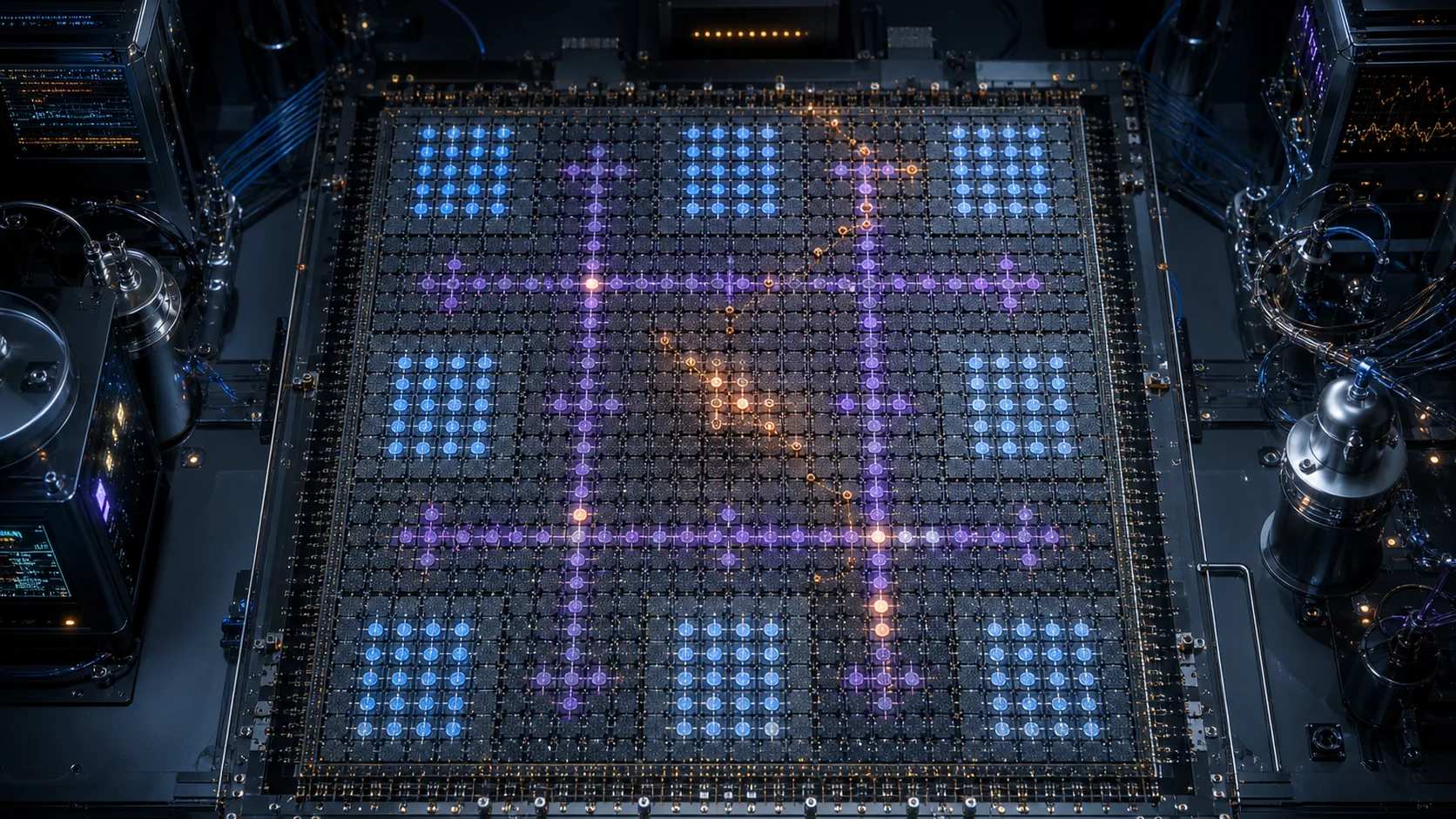 Concept visualization of a top-down superconducting-qubit lattice with surface-code patches, syndrome ancillas, logical boundaries, defect routes, and error-correction activity, illustrating B2. QEC code selection.