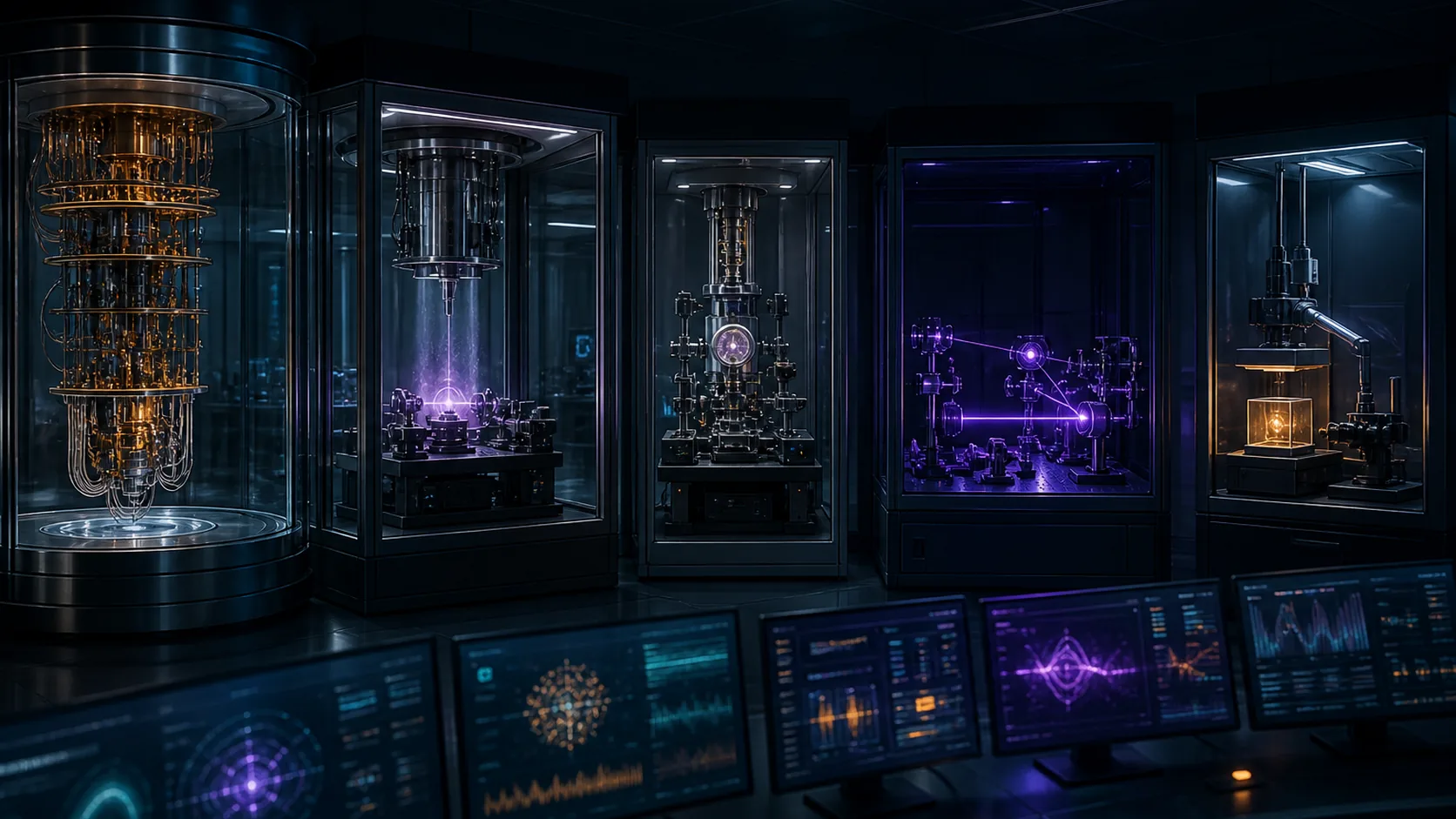Concept visualization of a comparative quantum-hardware laboratory with superconducting, neutral-atom, trapped-ion, photonic, and silicon-spin test bays, illustrating B2.1 Decision matrix.