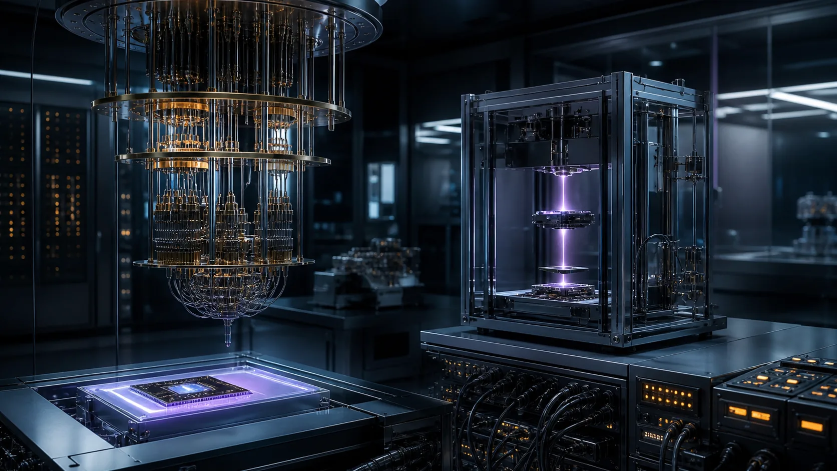 Concept visualization of a fault-tolerant quantum-computer engineering laboratory focused on b2.2 baseline and upgrade gate, illustrating B2.2 Baseline and upgrade gate.