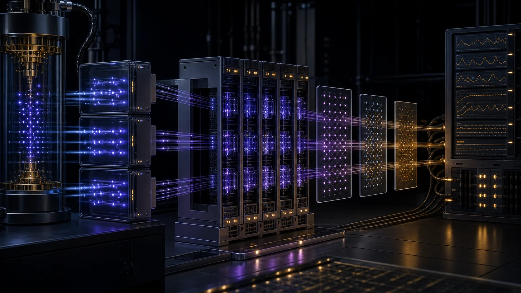 Concept visualization of a real-time decoder pipeline carrying sparse detector events through local queues, hardware decoder shards, Pauli-frame updates, and feedback controllers, illustrating B3. Decoder architecture.