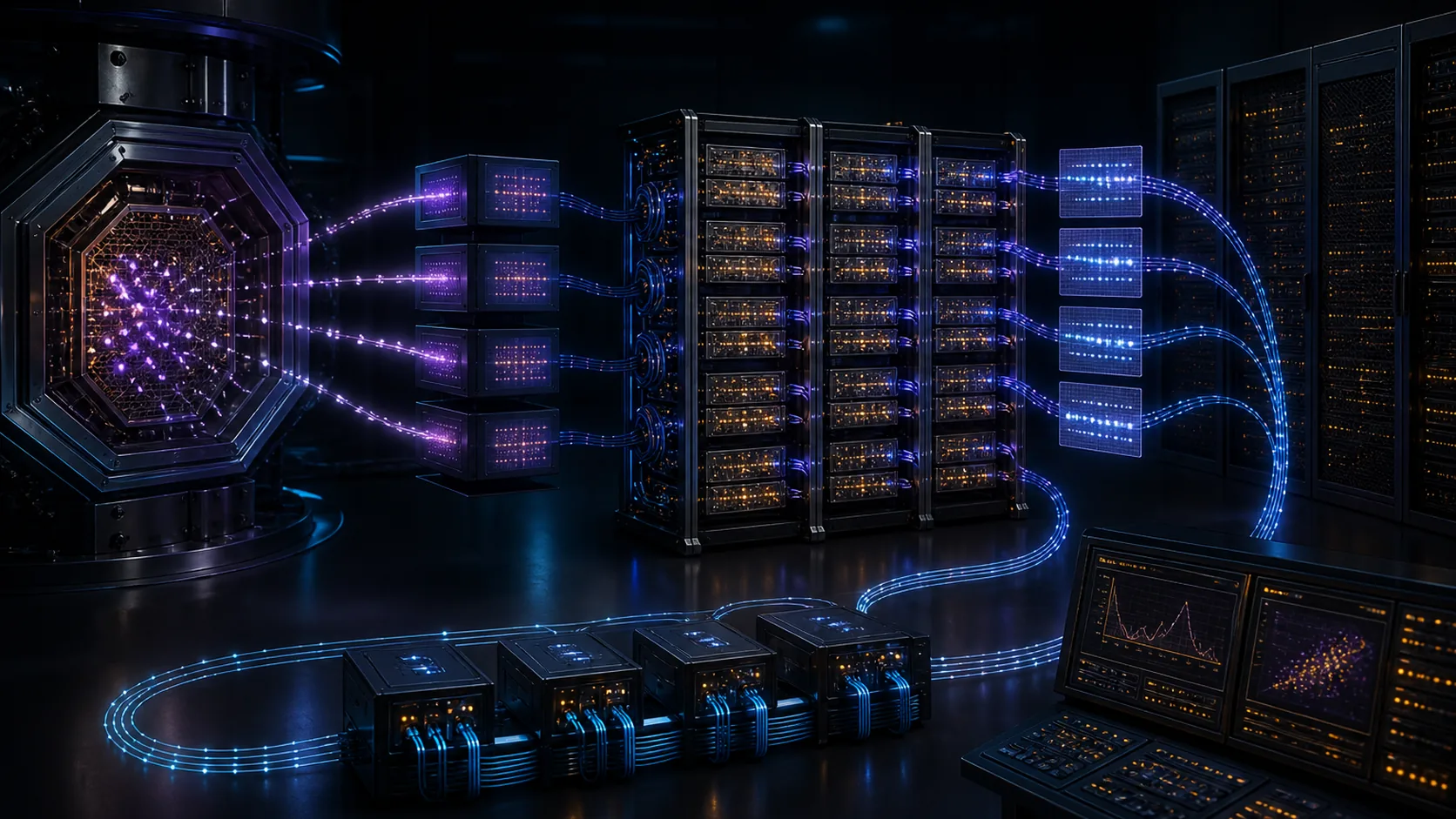 Concept visualization of a real-time decoder pipeline carrying sparse detector events through local queues, hardware decoder shards, Pauli-frame updates, and feedback controllers, illustrating B3.1 Production decoder.