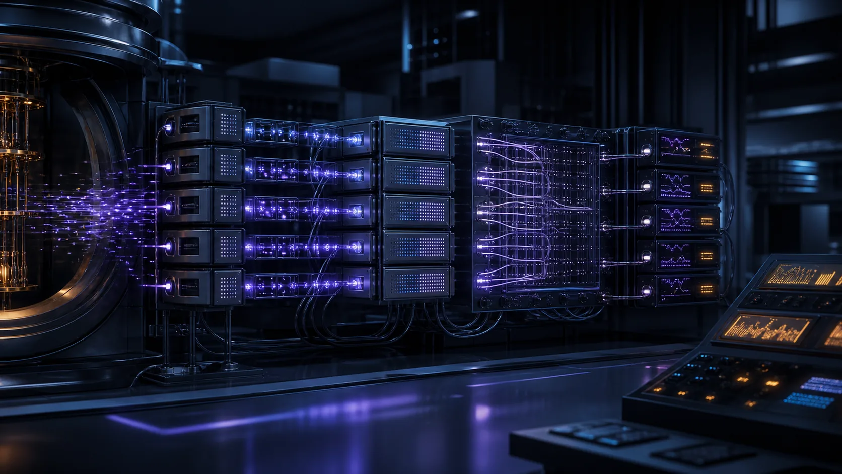 Concept visualization of a real-time decoder pipeline carrying sparse detector events through local queues, hardware decoder shards, Pauli-frame updates, and feedback controllers, illustrating B3.3 Backlog and fail-safe behavior.