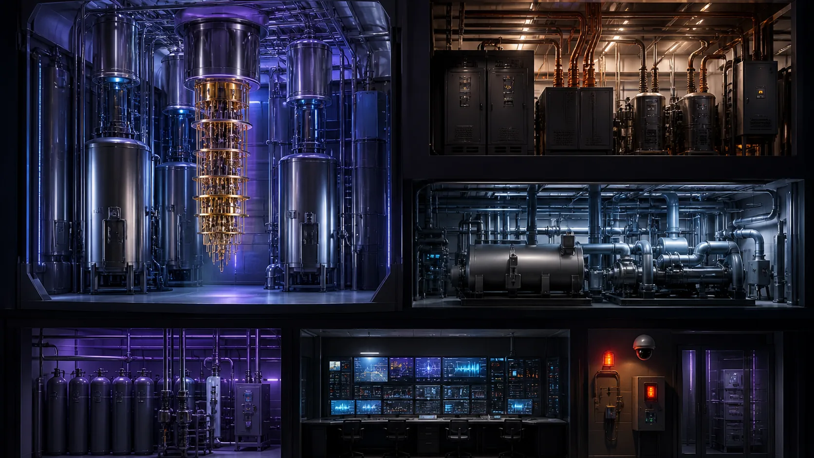 Concept visualization of a large quantum-computing facility with cryostat hall, electrical plant, chilled-water systems, gas recovery, control room, and safety monitoring, illustrating B3.4 Capacity, power, and cost gate.