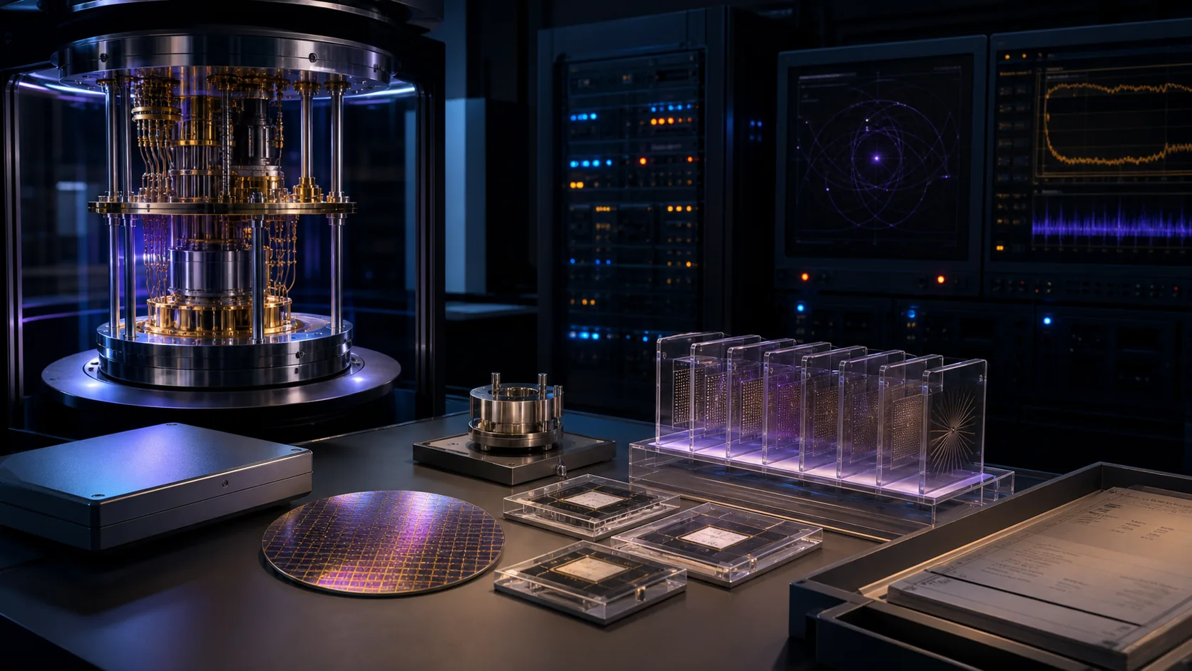 Concept visualization of a curated research archive of peer-reviewed papers, cryostat datasheets, chip samples, and a traceable source ledger, illustrating B4. Non-Clifford resource.