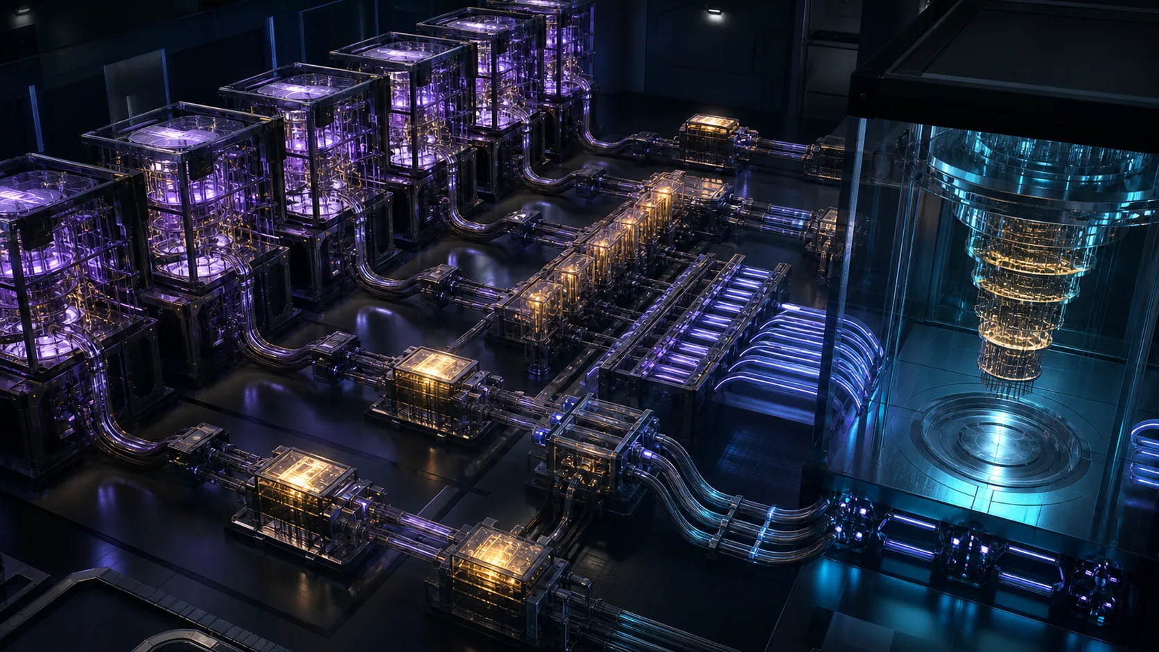 Concept visualization of a bank of modular magic-state factories producing, checking, buffering, and routing quantum resource states into a fault-tolerant processor, illustrating B4.2 Factory sizing.