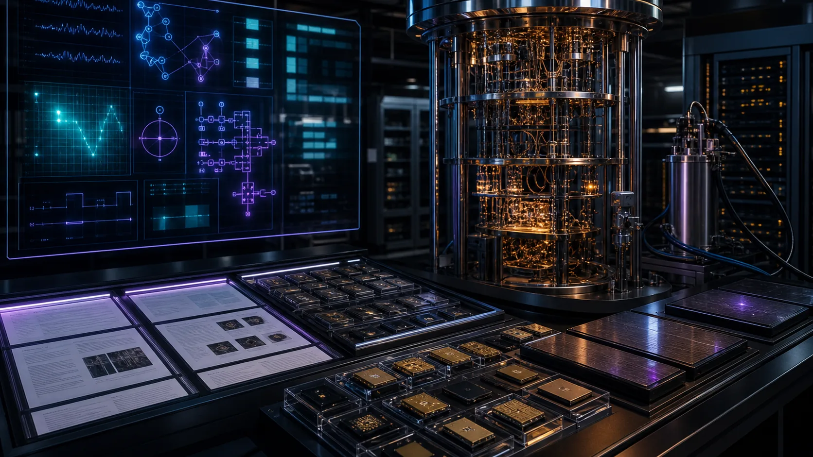 Concept visualization of a curated research archive of peer-reviewed papers, cryostat datasheets, chip samples, and a traceable source ledger, illustrating B5. Logical resource estimates for two target algorithms.