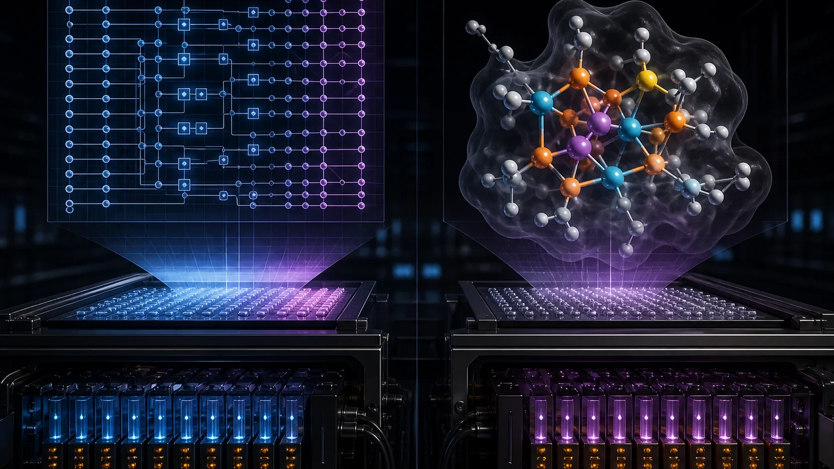 Concept visualization of a split scientific visualization of an RSA factoring circuit and a molecular FeMoco model mapped onto fault-tolerant logical-qubit resources, illustrating B5.1 Scale gates.