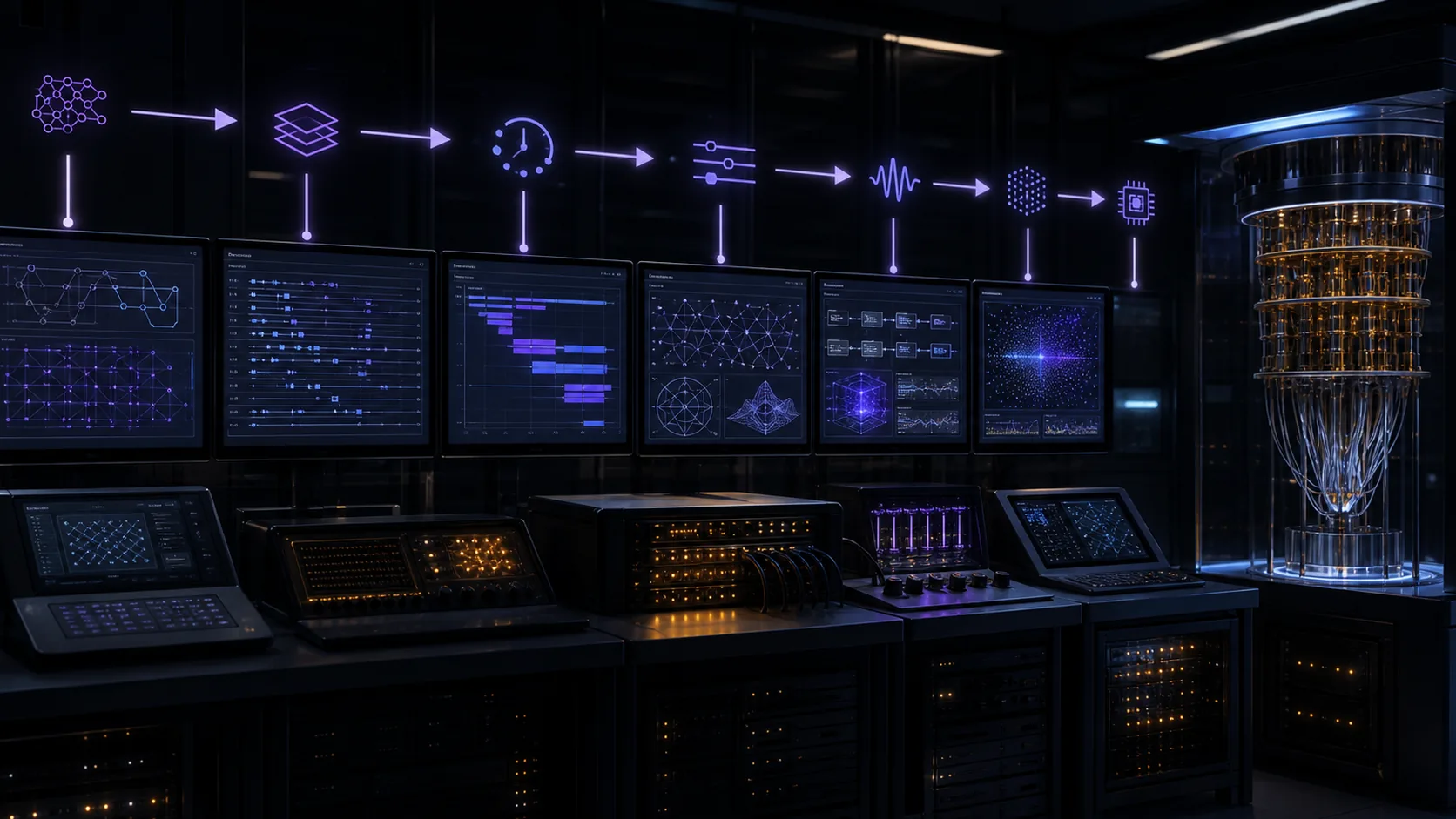 Concept visualization of a layered quantum software and control stack represented by linked compiler, scheduler, calibration, runtime, decoder, and hardware workstations, illustrating B6. Software stack.