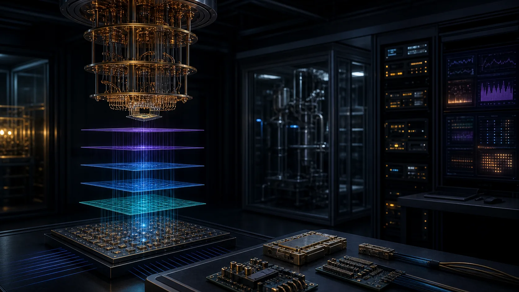 Concept visualization of a fault-tolerant quantum-computer engineering laboratory focused on b6.1 layered design, illustrating B6.1 Layered design.
