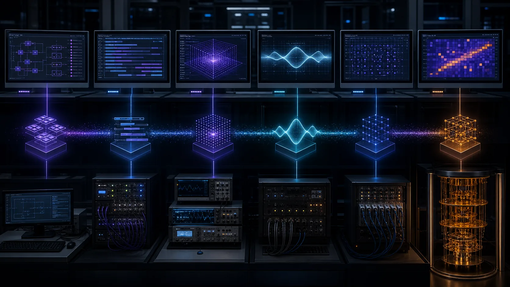 Concept visualization of a layered quantum software and control stack represented by linked compiler, scheduler, calibration, runtime, decoder, and hardware workstations, illustrating B6.2 Compiler correctness.