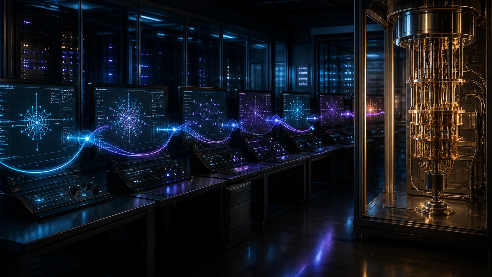 Concept visualization of a layered quantum software and control stack represented by linked compiler, scheduler, calibration, runtime, decoder, and hardware workstations, illustrating B6.3 Runtime and calibration behavior.
