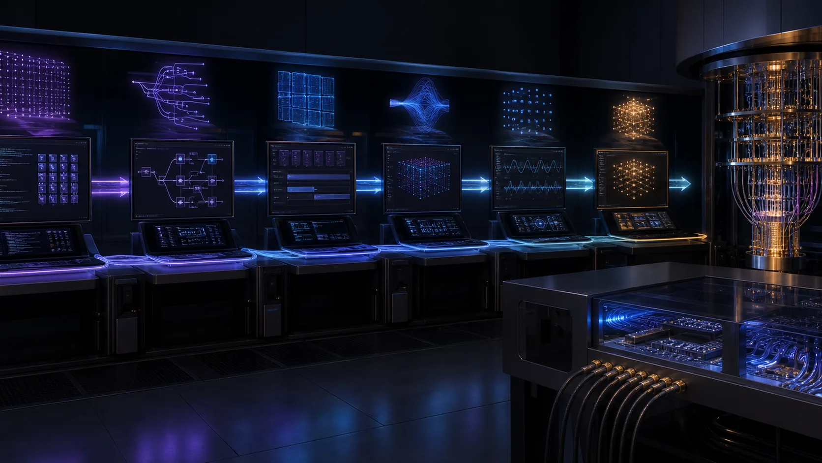 Concept visualization of a layered quantum software and control stack represented by linked compiler, scheduler, calibration, runtime, decoder, and hardware workstations, illustrating B6.4 Delivery sequence.