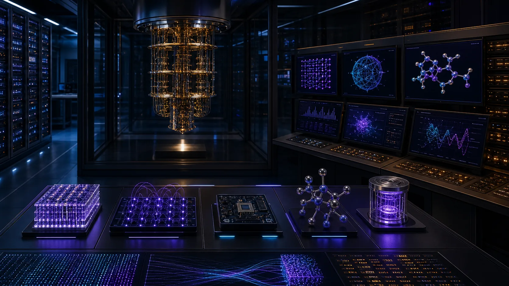 Concept visualization of a quantum verification laboratory running logical-memory, decoder, small factoring, chemistry, and restart tests against independent reference results, illustrating B7. Verification and benchmarking.