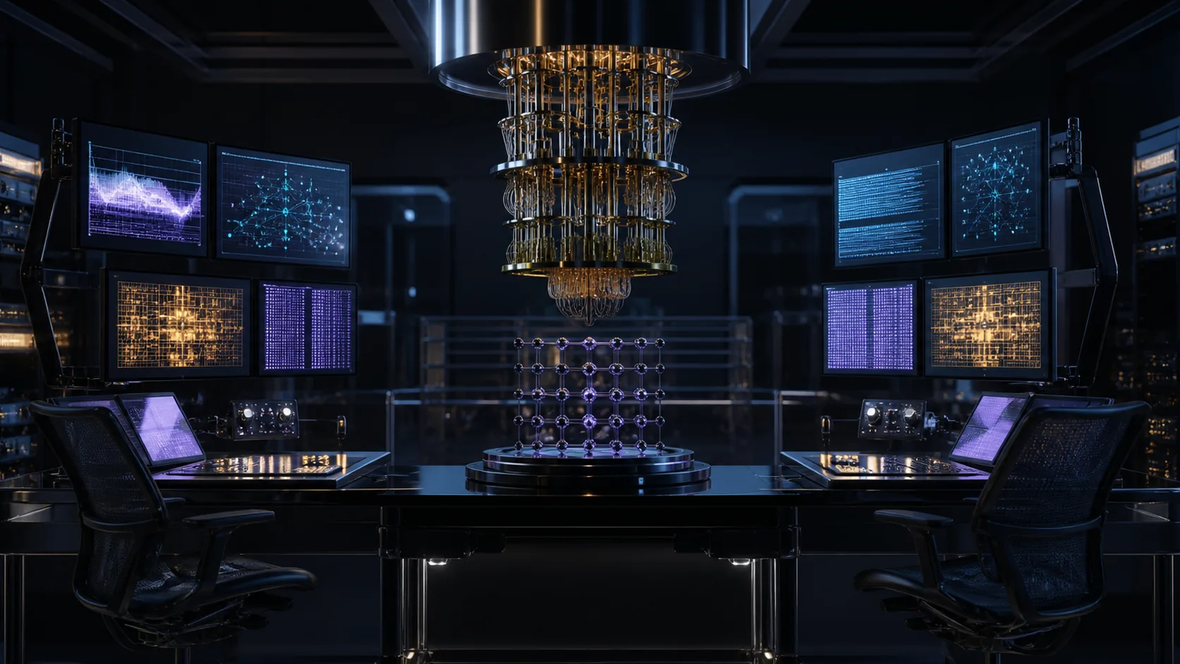 Concept visualization of two independent engineering workstations checking the same quantum hardware model, arithmetic, and evidence ledger from opposite sides, illustrating B7.1 Evidence hierarchy.