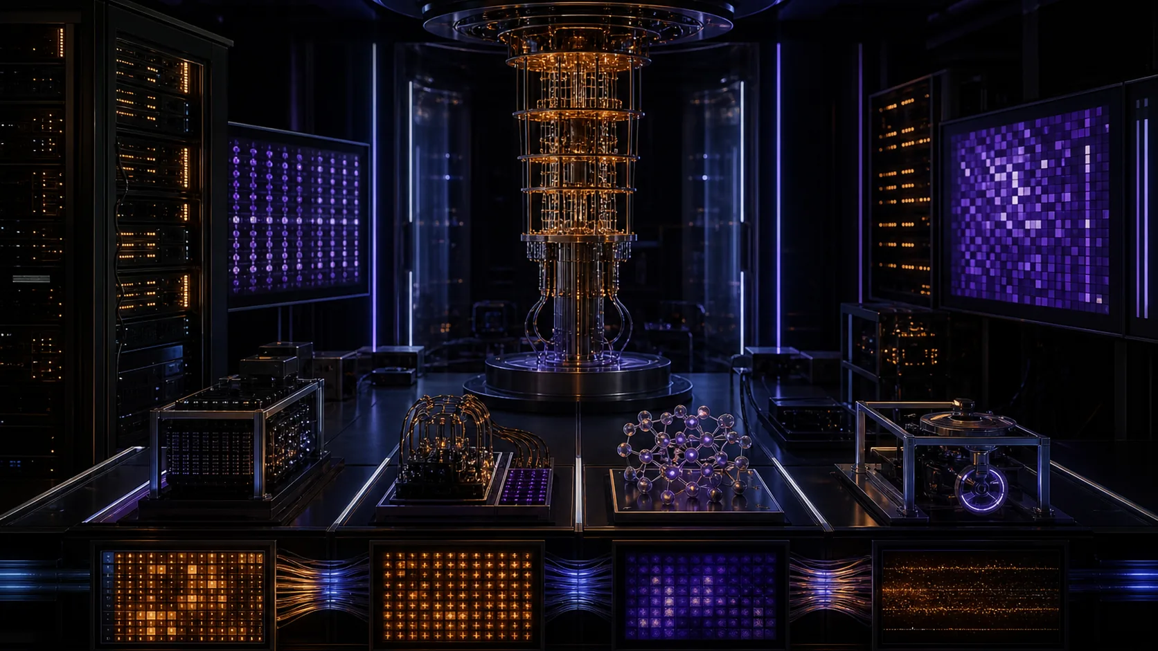 Concept visualization of a quantum verification laboratory running logical-memory, decoder, small factoring, chemistry, and restart tests against independent reference results, illustrating B7.2 Phase acceptance matrix.