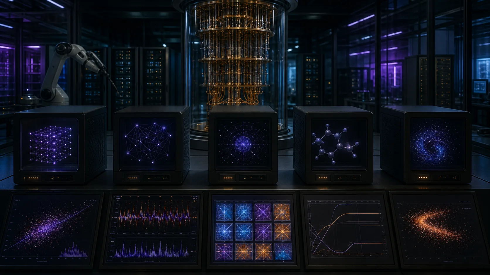 Concept visualization of a quantum verification laboratory running logical-memory, decoder, small factoring, chemistry, and restart tests against independent reference results, illustrating B7.3 Statistical discipline.