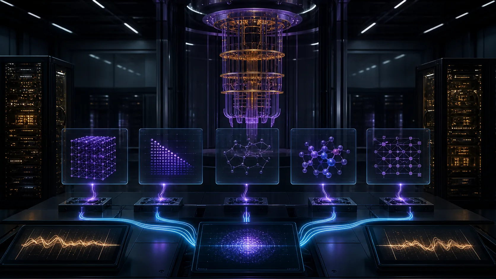 Concept visualization of a quantum verification laboratory running logical-memory, decoder, small factoring, chemistry, and restart tests against independent reference results, illustrating B7.4 Completion criteria.