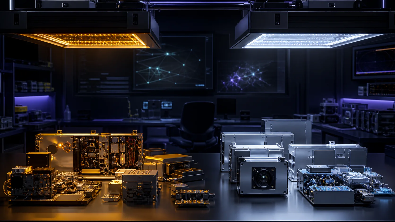 Concept visualization of an engineering review room with unresolved hardware modules isolated under amber diagnostic light and completed modules under cool white light, illustrating B8. Software and algorithmic risk register.