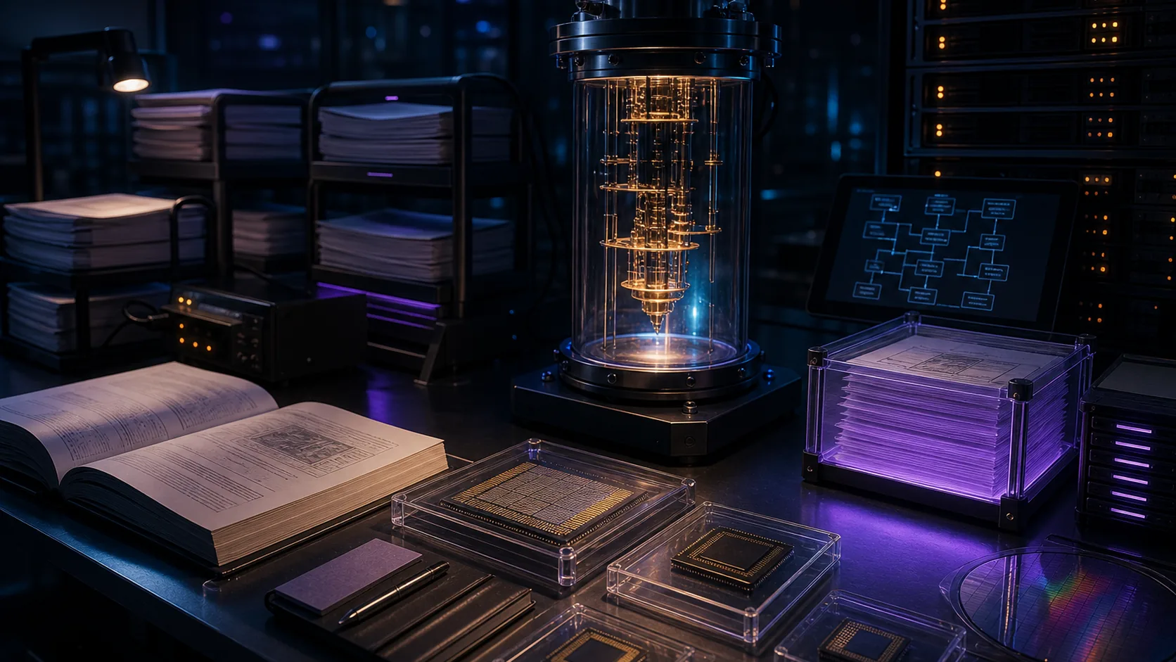 Concept visualization of a curated research archive of peer-reviewed papers, cryostat datasheets, chip samples, and a traceable source ledger, illustrating B9. Primary-source index for Part B.