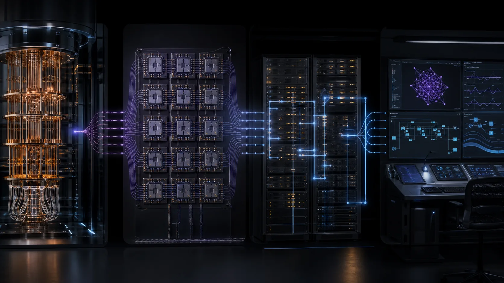 Concept visualization of an organized technical blueprint table dividing the physical quantum machine, logical architecture, software stack, and shared interface into connected work areas, illustrating Joint appendix: the interface between the two halves.