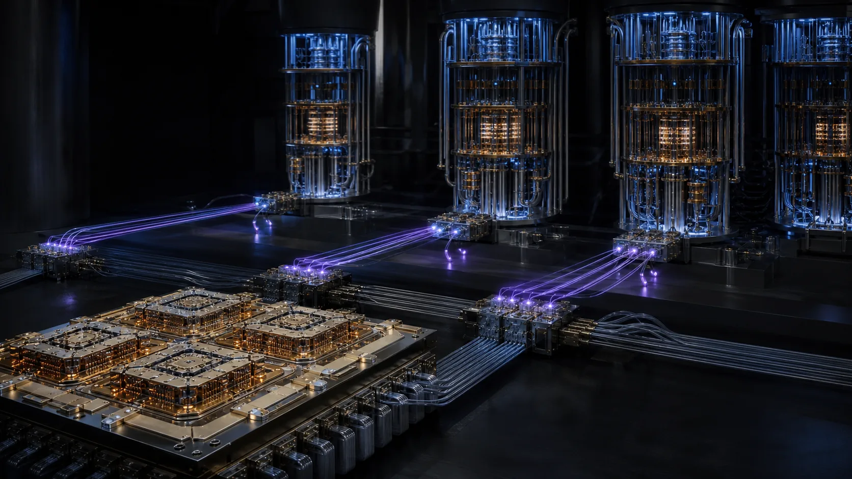 Concept visualization of modular superconducting quantum processor tiles linked through interposers, cold stages, and photonic connections across several cryostats, illustrating J1. Agreed interface contract.