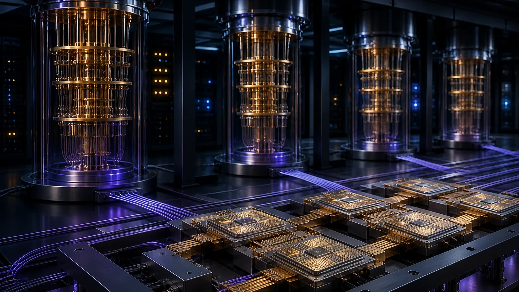Concept visualization of modular superconducting quantum processor tiles linked through interposers, cold stages, and photonic connections across several cryostats, illustrating J2. Machine size against the reference workloads.