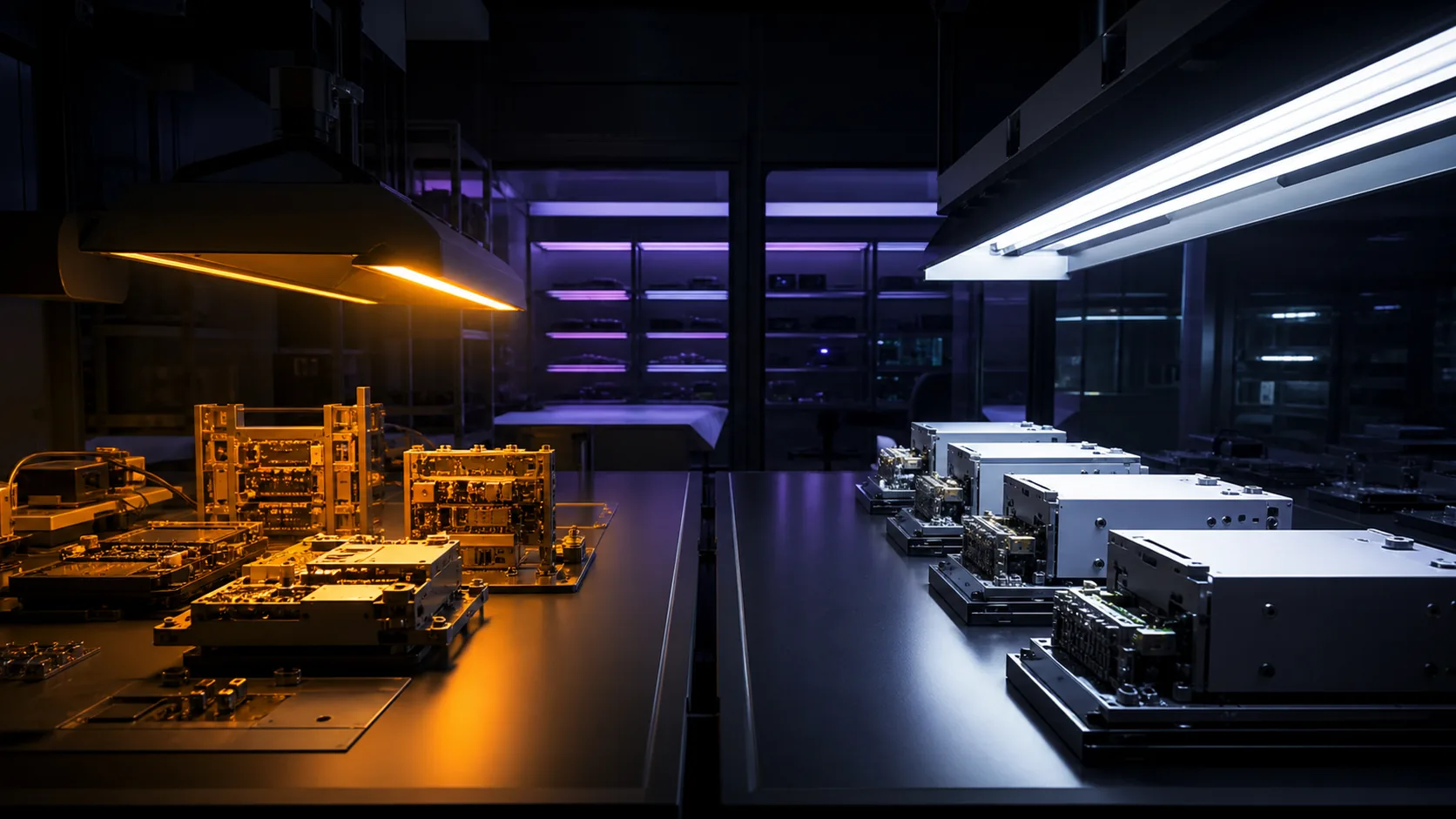 Concept visualization of an engineering review room with unresolved hardware modules isolated under amber diagnostic light and completed modules under cool white light, illustrating J3. Open items.