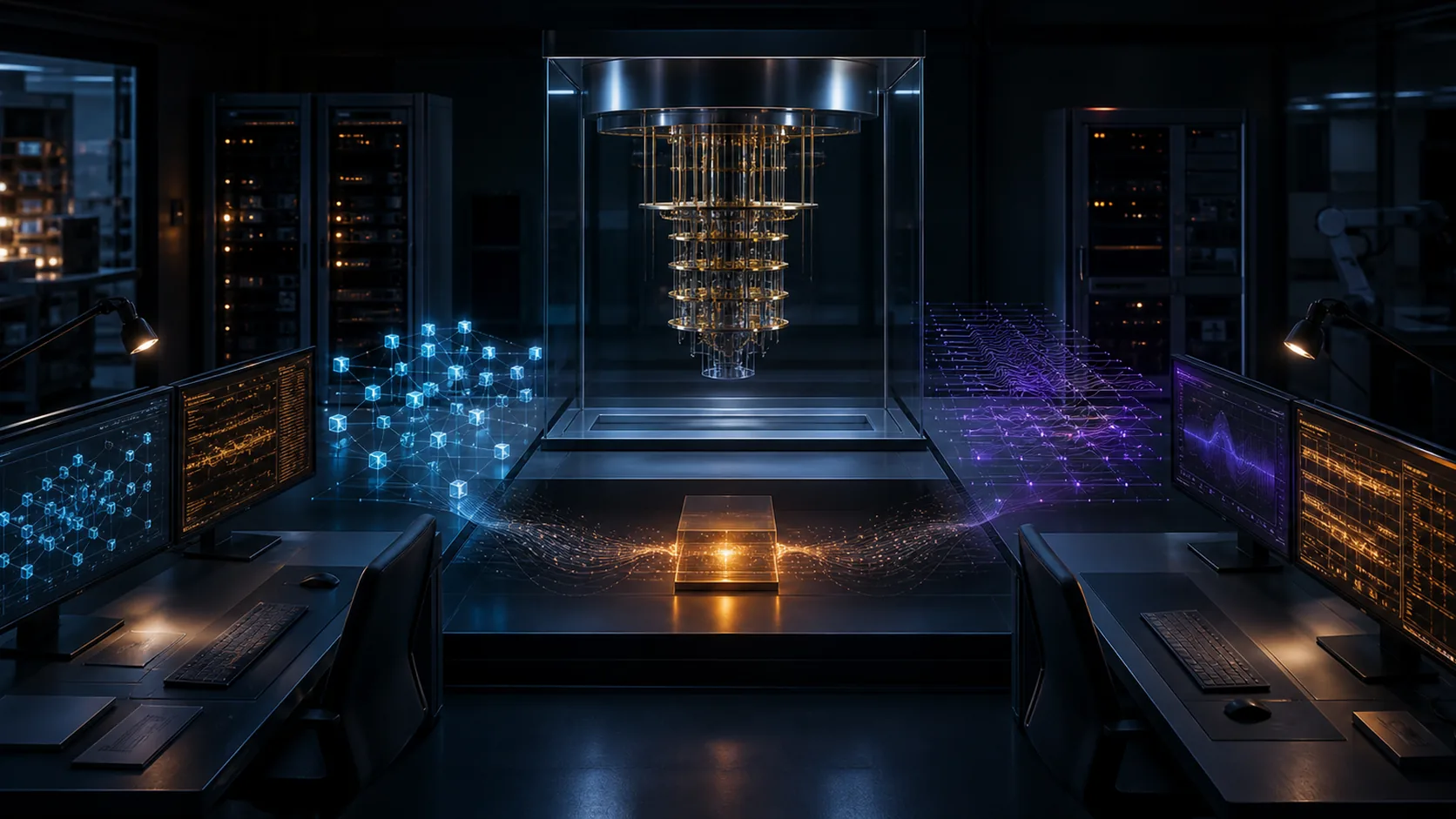 Concept visualization of two independent engineering workstations checking the same quantum hardware model, arithmetic, and evidence ledger from opposite sides, illustrating Closed during cross-verification.