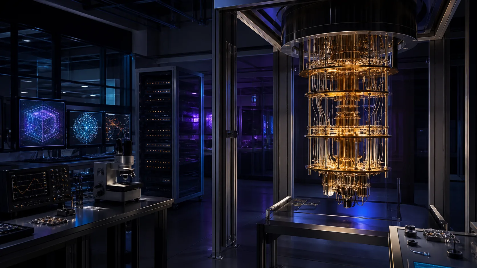 Concept visualization of a fault-tolerant quantum-computer engineering laboratory focused on still open, illustrating Still open.