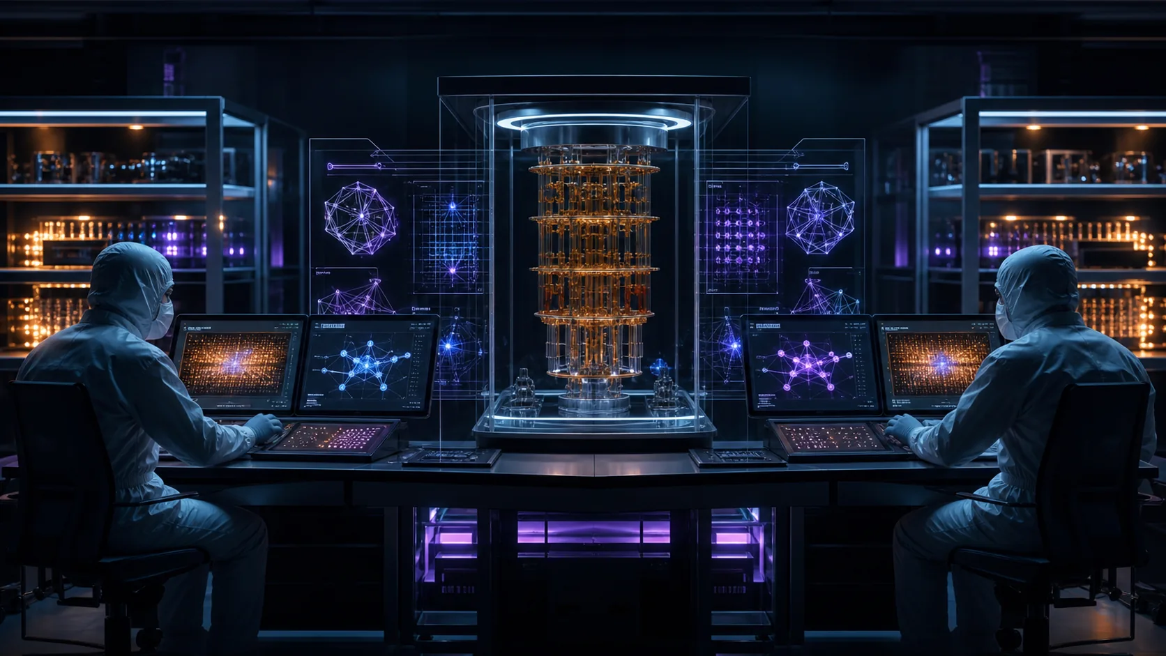 Concept visualization of two independent engineering workstations checking the same quantum hardware model, arithmetic, and evidence ledger from opposite sides, illustrating J4. Verification evidence.