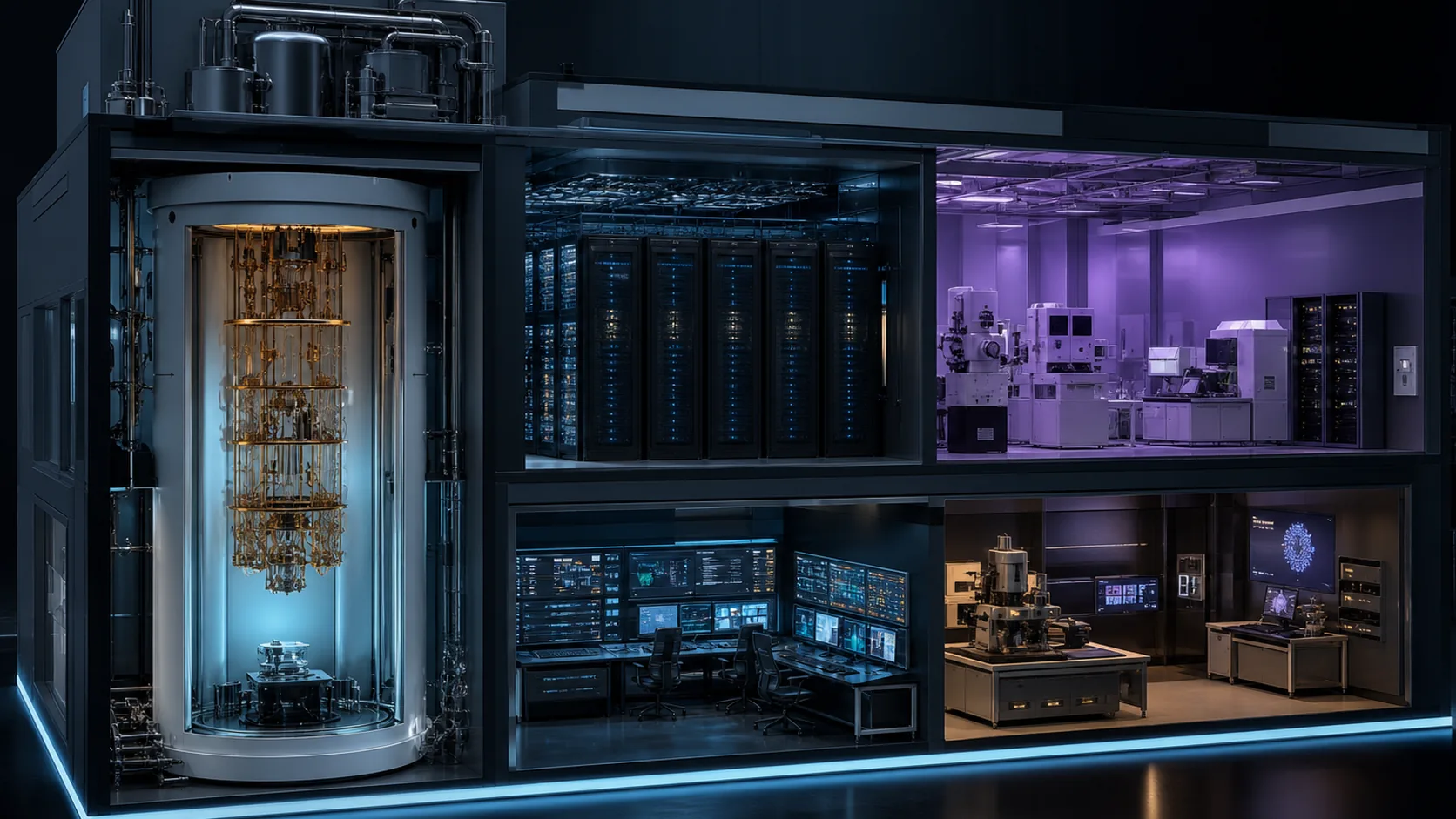 Concept visualization of a complete modular quantum-computing facility cutaway combining cryostats, control racks, semiconductor fabrication, and verification consoles, illustrating J5. One-page summary of the argument.